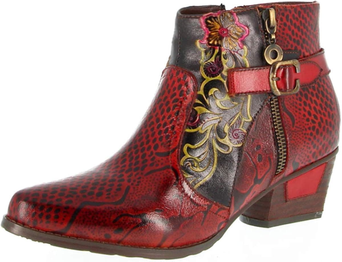 CrazycatZ Womens Block Heels Ankle Cowgirl Leather Boots Exotic Python Splicing Pattern colorful Bootie