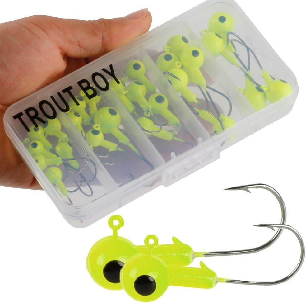 TROUTBOY Round Jig Head, 25Pcs Ultrahead Bullet Jig Fishing Hook Jigheads Set, with Plastic Fishing Box, for Soft Bait Lure Freshwater Saltwater Fishing (Green)