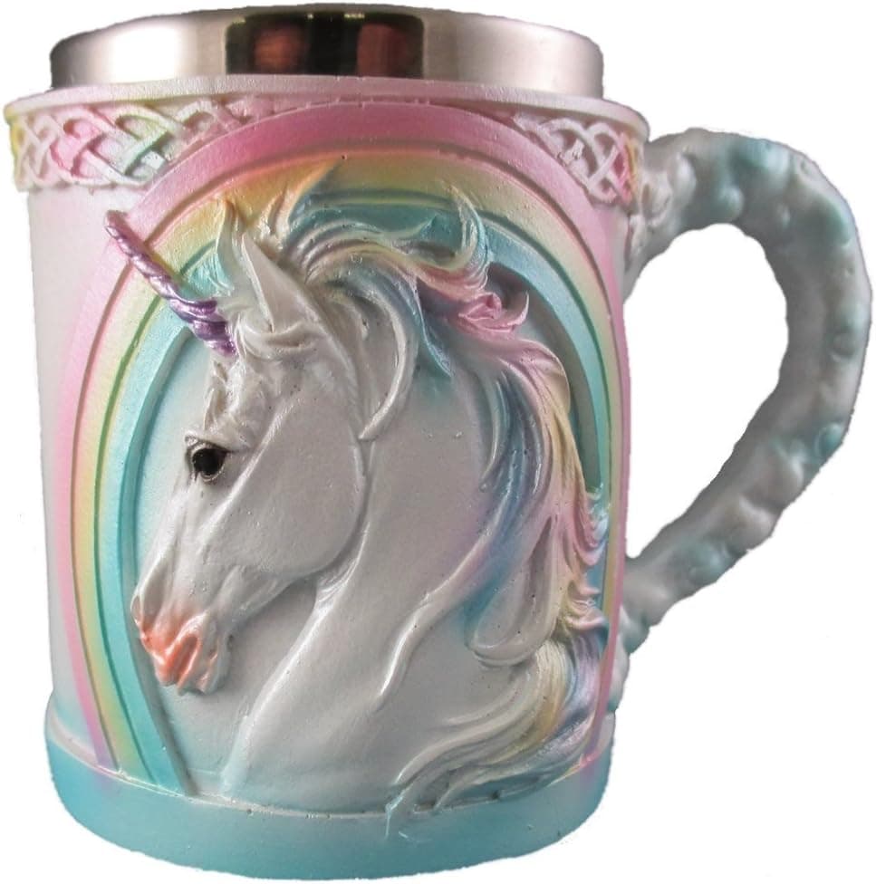Rainbow Unicorn Coffee Mug, Cute Mythical Tea Cup, Magical Stainless Steel Fantasy Drinking Glass, Medieval Celtic Knot Design