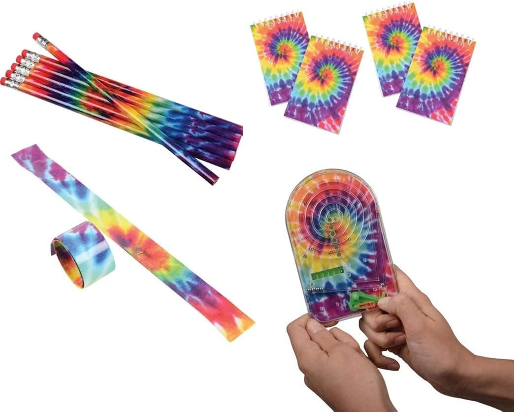 Tie Dye BUNDLE Pack - 6 Slap Bracelets, 12 Pencils, 8 Mini Notepads, 4 Pinball Games. Perfect Party Favors.