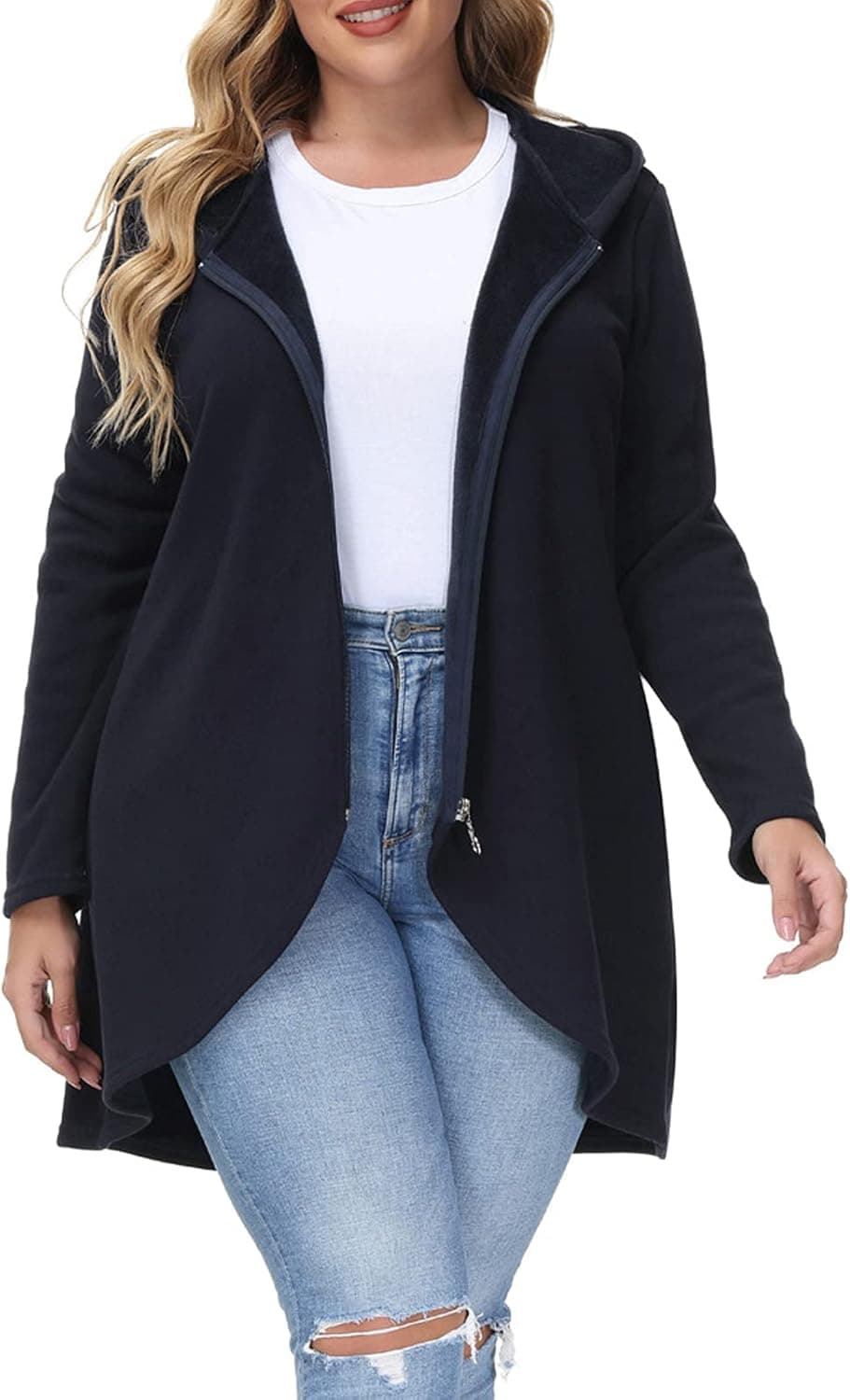 Hanna Nikole Fleece Zip up Hoodie Plus Size Curved Hem Sweatshirt Women Hooded Jacket
