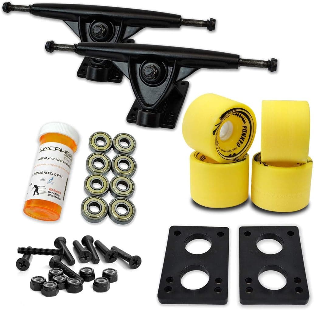 Yocaher Longboard Skateboard Trucks Wheels Combo Set 71mm Wheels + 7"/180mm Heavy Duty Aluminum Black Trucks, Bearing, Riser Pad, and Skateboard Longboard Cruiser Hardware