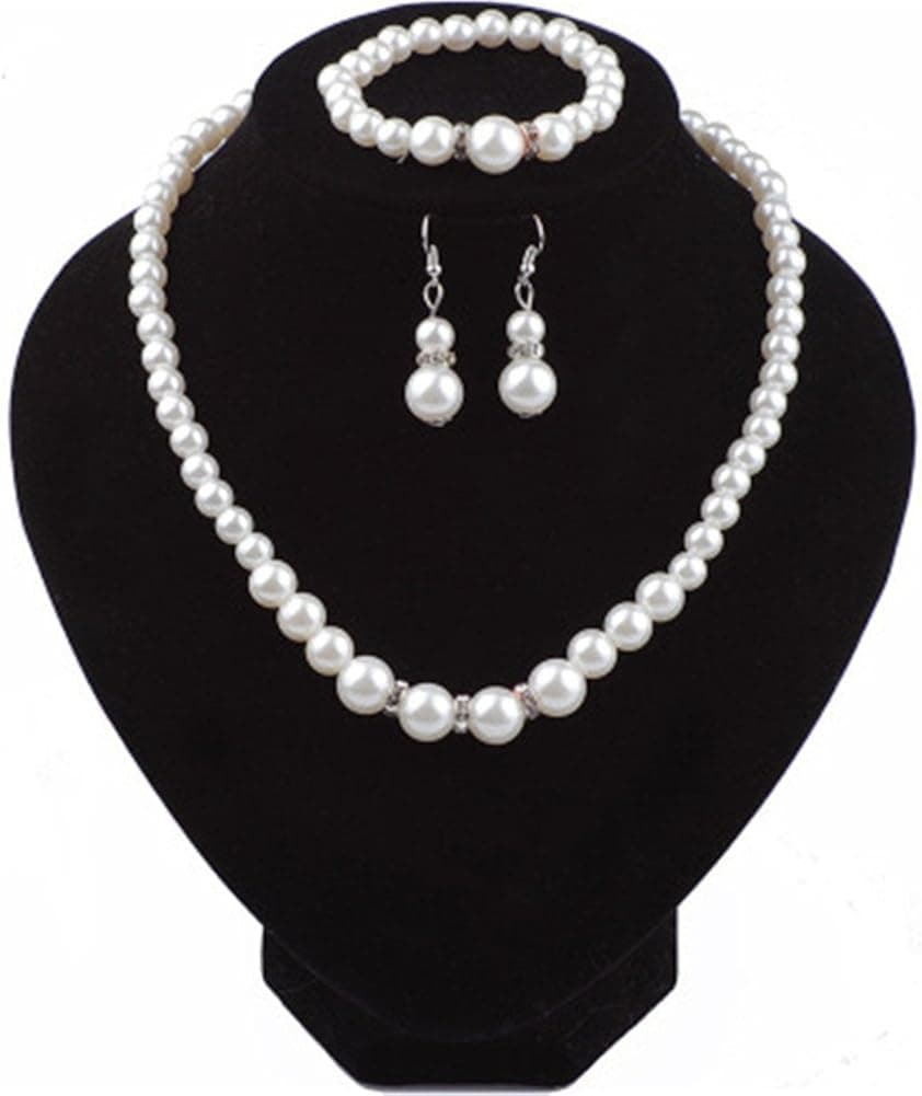 Rurah Jewelry set for women Faux Pearl Silver Necklace Earrings Bracelet Set for Women Dangle Party Wedding