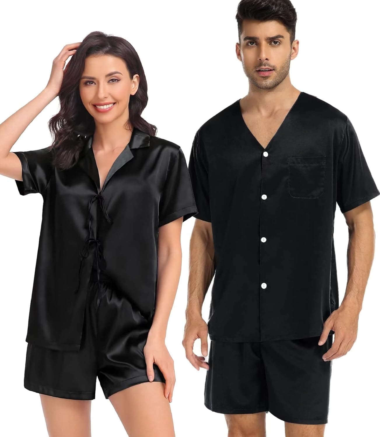SWOMOG Satin Matching Pajamas Sets for Couple Silk Tie Front Nightwear Short Sleeve Sleepwear 2 Pieces Loungewear with Shorts