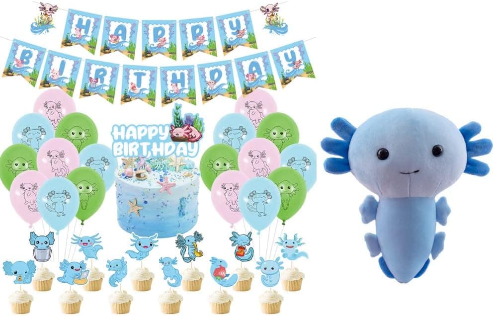 Axolotl Party Decorations Birthday Party Supplies Cartoon Theme Party Favor Pack - Includes Cupcake Tuppers, Banner Garland, Balloons - For Kids Axolotl Fans And 1 Axolotl Plush 7.8” Blue Plushie Stuffed Animal Toy For Girls Boys Kawaii Cute Setarty Decorations