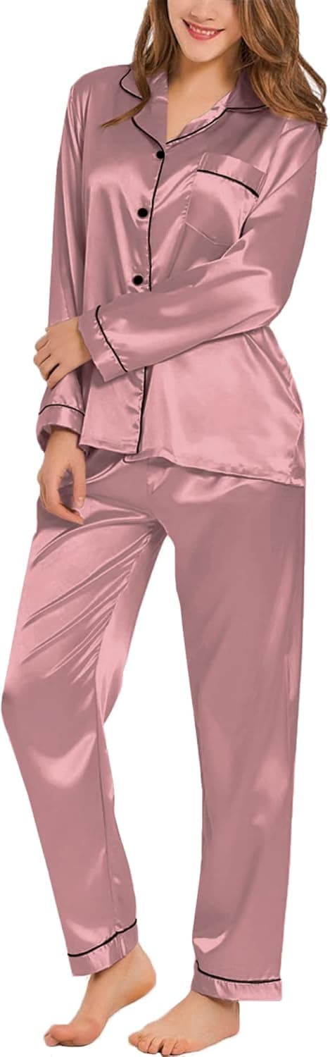 SWOMOG Womens Silk Satin Pajamas Loungewear Two-piece Sleepwear Button-Down Pj Set
