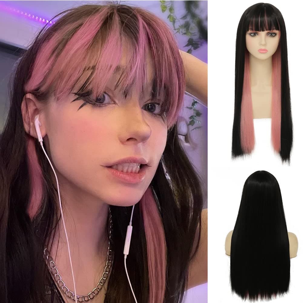 Dai Cloud Black Mix Pink Wigs with Bangs for Women Long Straight Synthetic Hair Looking Daily Party Cosplay Wig Use(Black Pink)