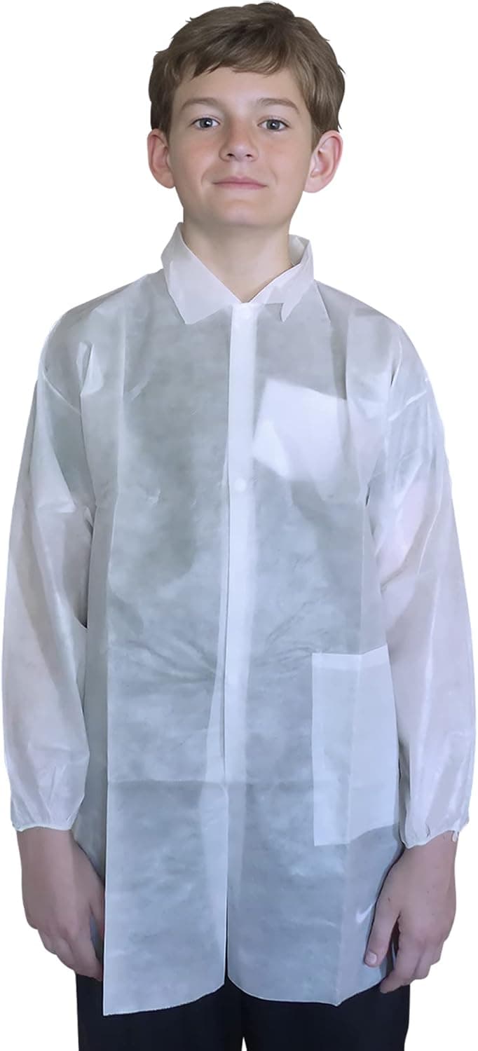 Makerspace Lab Disposable Lab Coats, White, Child Extra Small, 10 Pack