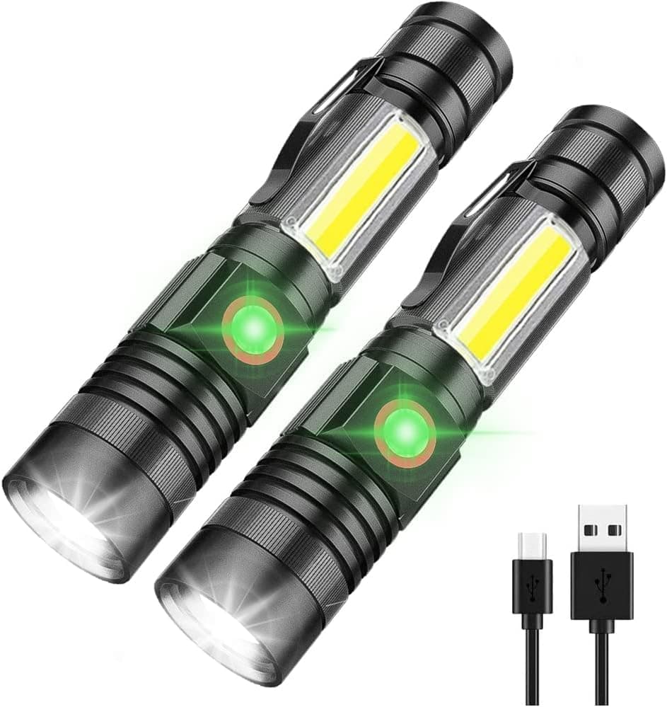 iToncs LED Rechargeable, 1000 Lumens Super Bright Magnetic Flashlight with COB Work Light, Waterproof, 4 Modes, Pocket Tactical Flashlights for Outdoor Camping Emergency 2 Pack No Battery