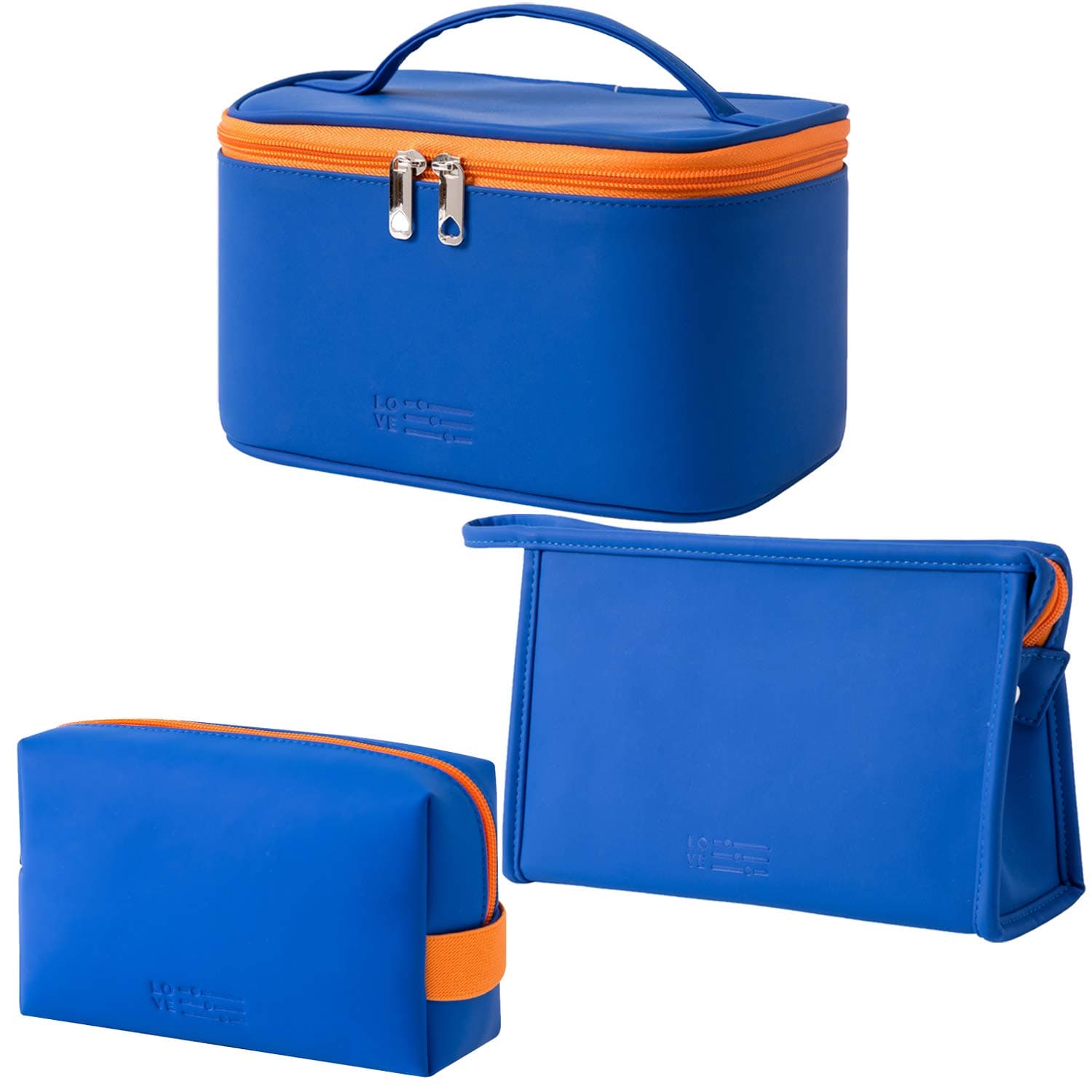 MIRASON Cosmetic Bag Set of 3 Makeup Bag for Purse Pouch Travel Beauty Zipper Organizer Bag Gifts for Girl Women, PU Leather Washable Waterproof (Sapphire Blue)