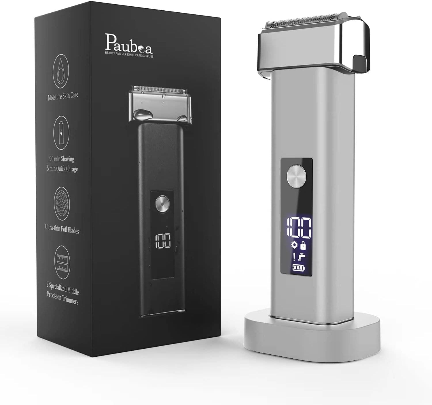 Paubea Electric Razor for Men, Men's Moisturizing Electric Shaver, Quick Charge Electric Razor with Precision Trimmer, Grey