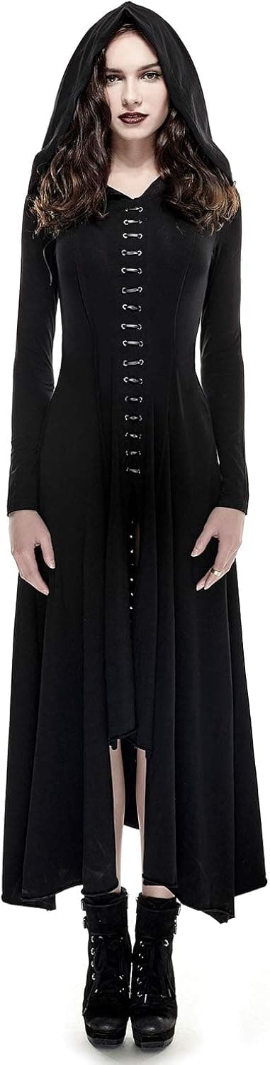 Punk Rave Women Black Gothic Dress Long Sleeve Full Length Hoodie Dress Slit Cloak Witch Dress Halloween Cosplay Costume