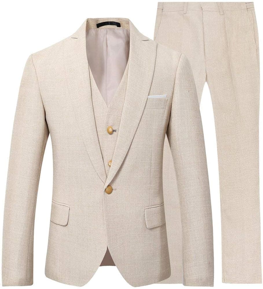 Wemaliyzd Men's Summer 3 Piece Linen Wedding Suit Peak Lapel Blazer Vest Pants