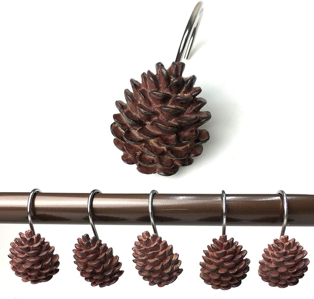 SEALUXE VCO Connections 12Pcs Shower Curtain Hooks Pinecone Design Shower Curtain Hangers Resin & Stainless Steel Shower Curtain Rolling Pothooks Hanger for Bathroom