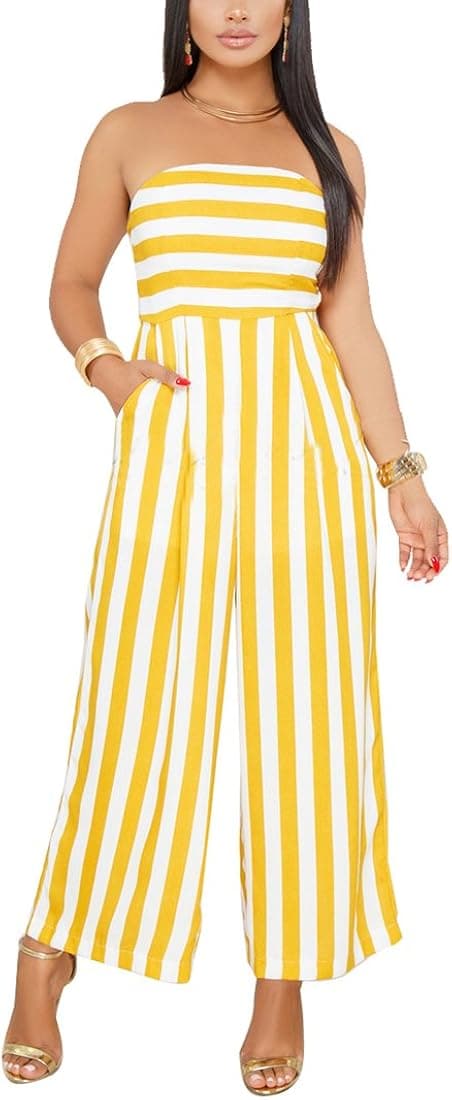 SheKiss Women's Sexy Strapless Striped Loose Long Pants Palazzo Jumpsuits with Pockets Ladies Outfits Yellow