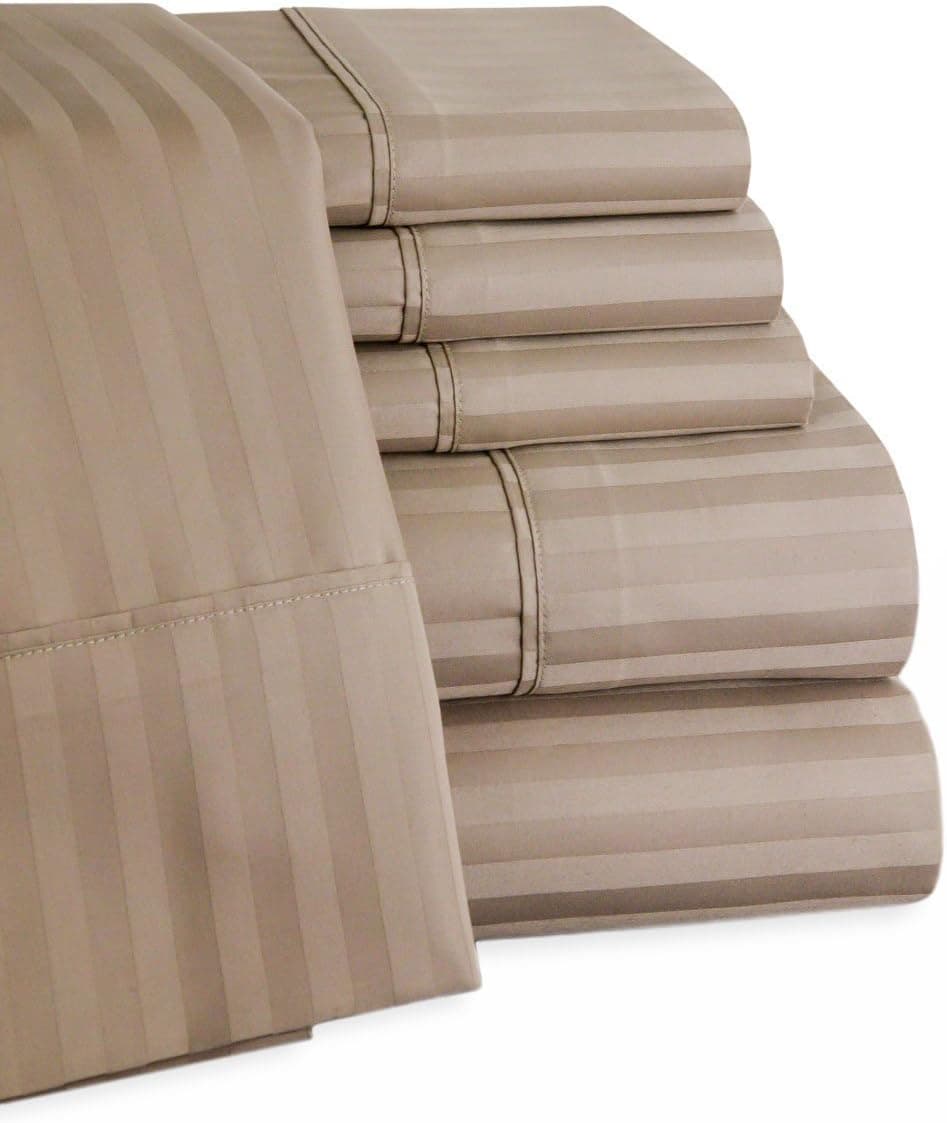 Mellanni 100% Egyptian Cotton Striped Bed Sheet Set - 450 Thread Count Sateen Luxury Bedding - 6 Piece (Queen, Gray)