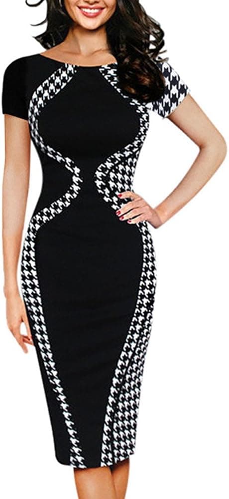 Dress for Women Gibobby Knee-Length Short Sleeve O-Neck Gourd Shape Patchwork Color Bodycon Party Business Style Pencil Gown
