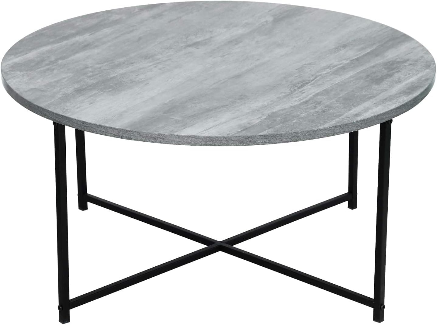 Adeco Round, Wood Top and Sturdy Metal Frame X-Base for Living Room, 16 Inch Height Coffee Tables, Fossil Gray