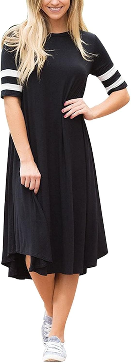 VickyLHY Women Crewneck Striped Midi T Shirt Dress with Short Sleeves