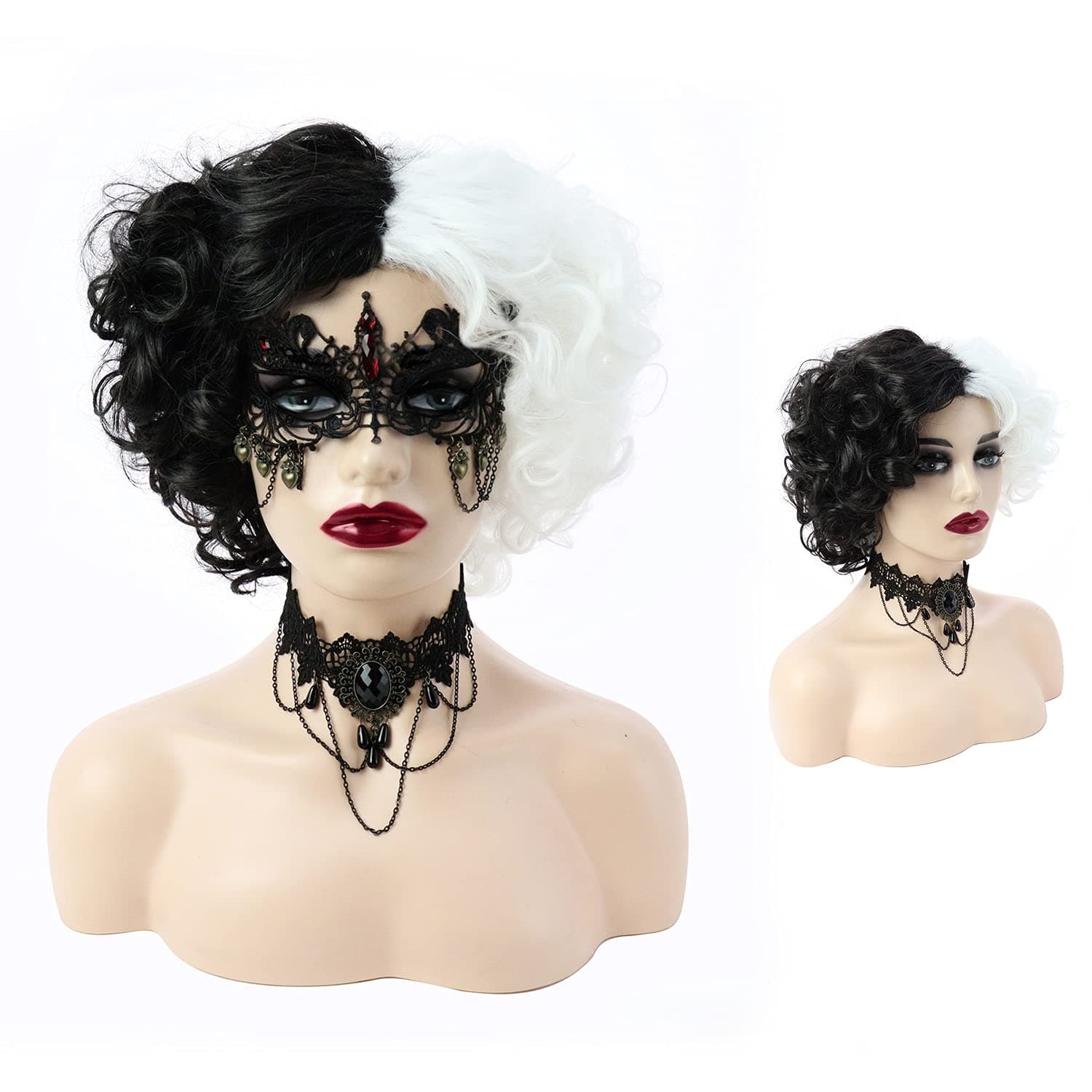 BonJoJo Cruella De vil Costume Wig Short Fluffy Wavy Half Black and White Wig Middle Part Layered Synthetic Hair Heat Resistant for Halloween
