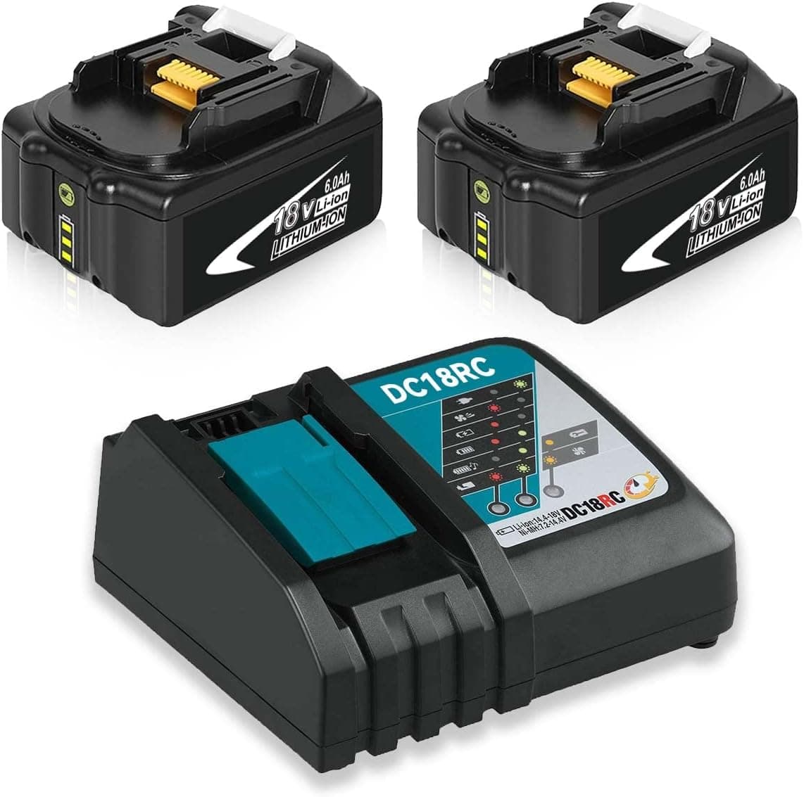 DASNITE 2Pack BL1860B Replacement for Makita 18 Volt Battery with 14.4V-18V LXT Charger, 6.0Ah Lithium Ion Batteries Compatible BL1850B-2 BL1830 BL1840B BL1860B