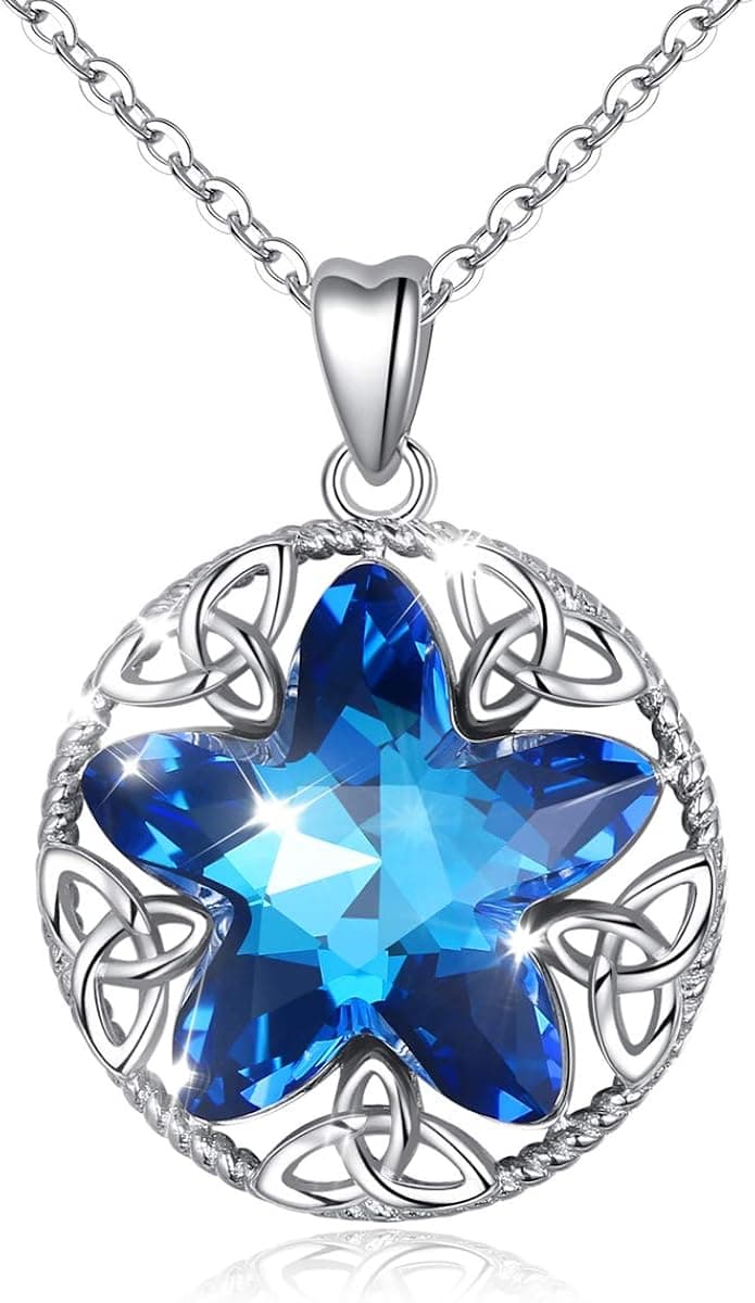 INFUSEU Sterling Silver Crystal Star Pendant Necklaces for Women, Circle Celtic Trinity Knot Jewelry Good Luck Romantic Christmas Gifts for Her, 18 Inch Chain