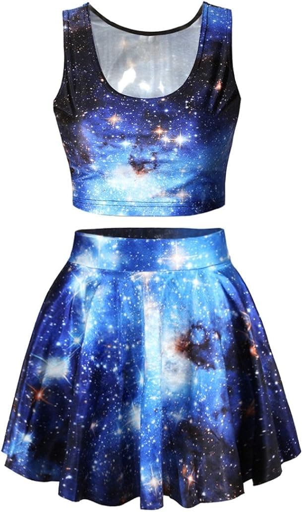 Blue Galaxy Printed Reversible Tank Tops Tees High Waisted Skirt Set for Junior