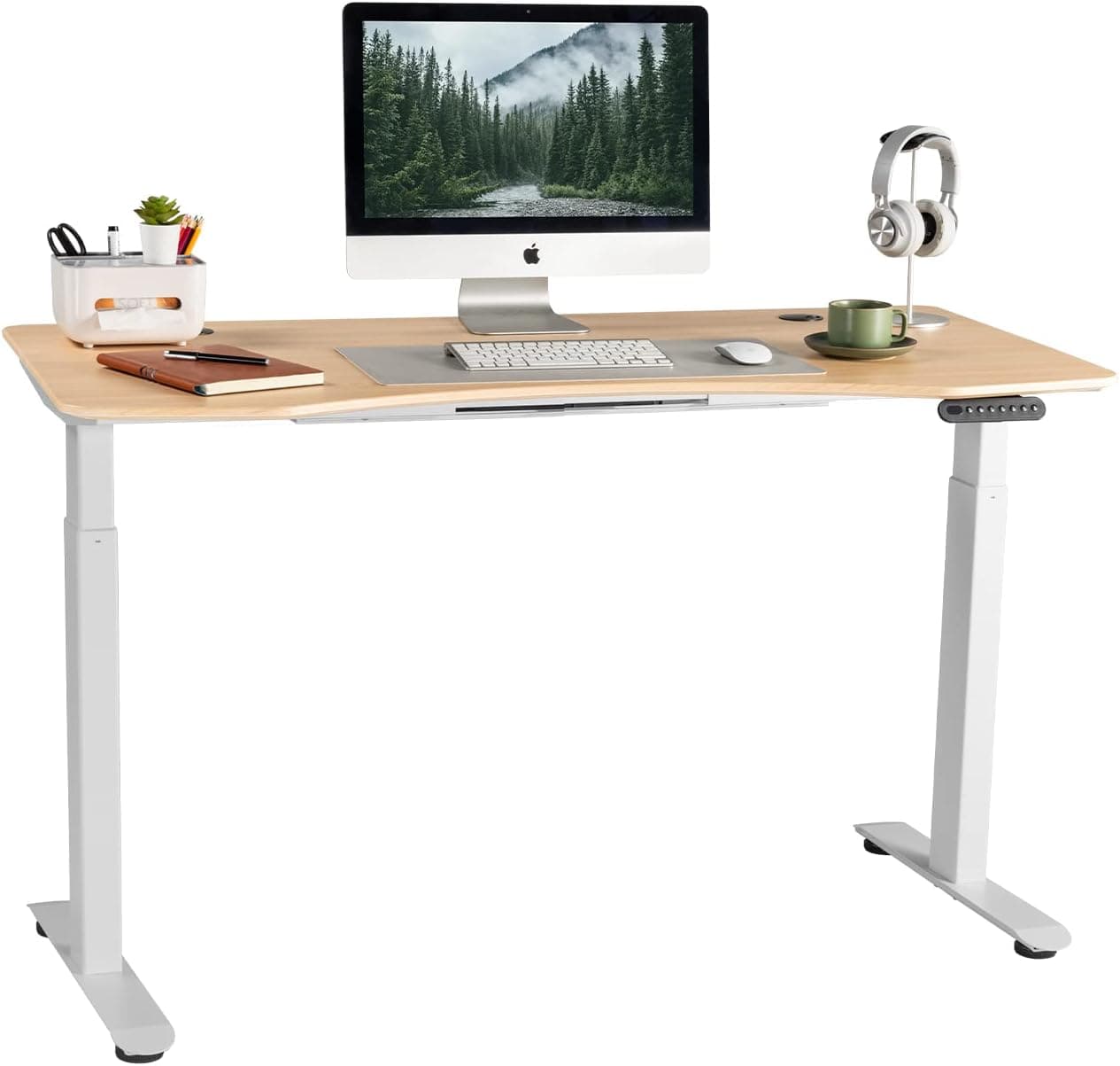 FinerCrafts Standing Desk 55 x 28 Inches Dual-Motor Height Adjustable Desk Electric Sit Stand Desk Home Office Desks Whole Piece Desk Board (Natural Maple Desktop/White Frame)
