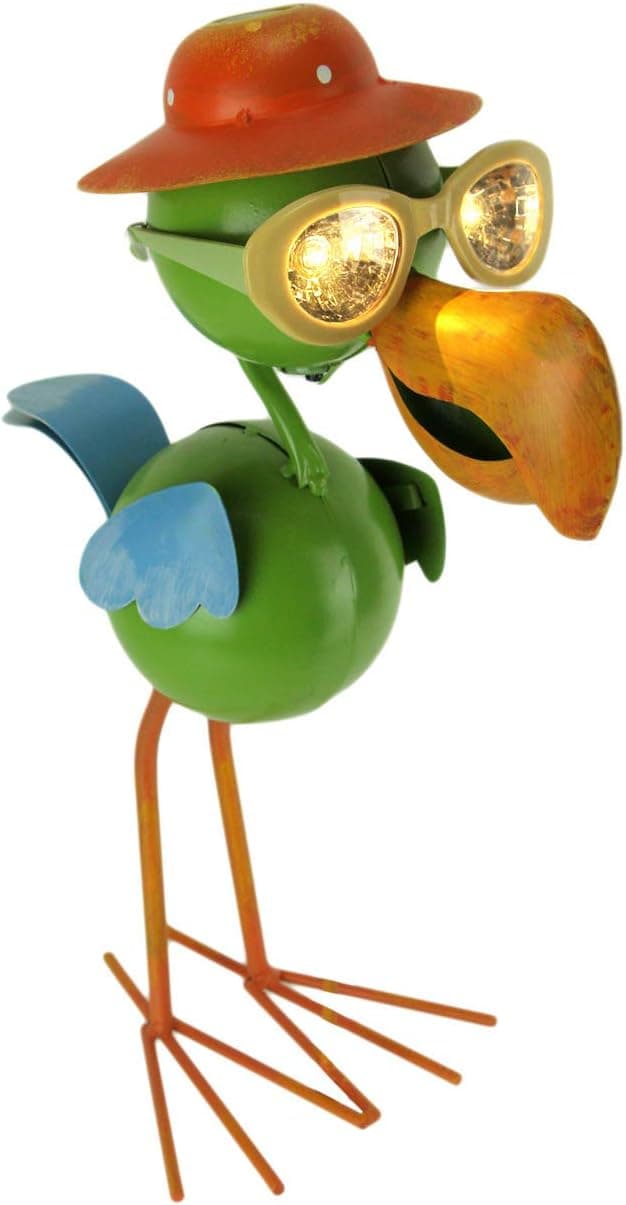Metal Art Flamingo in Hat and Glasses Solar Eyes LED Light Garden Statue, Green