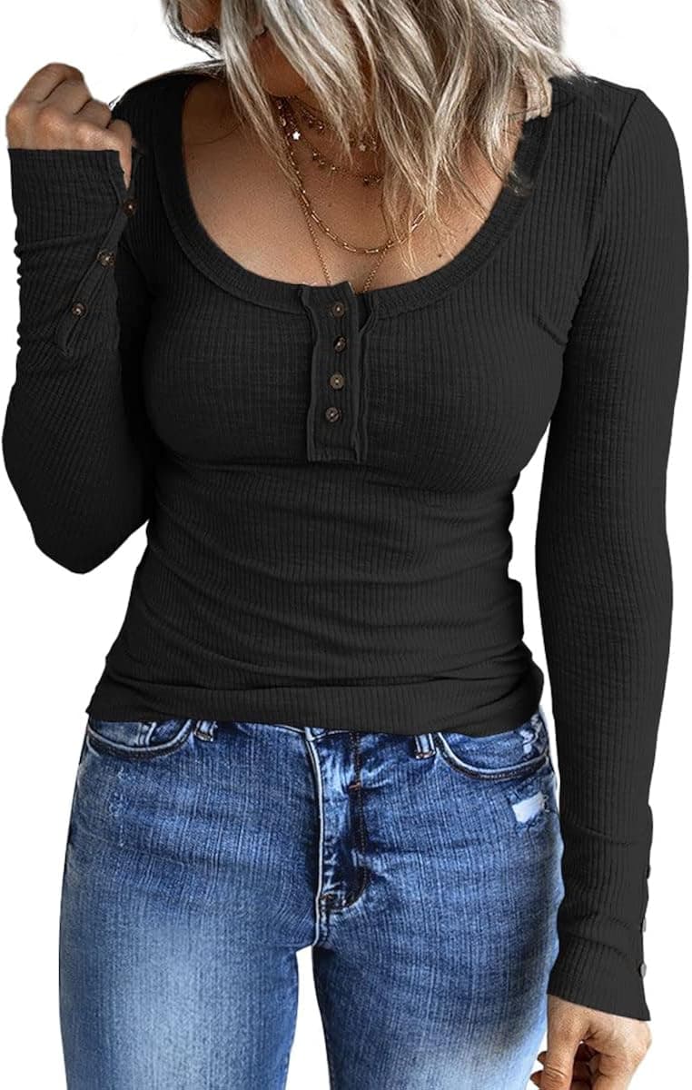 Kissfix Women's Long Sleeve Shirts Casual Fall Henley Top Button Down Blouses Basic Ribbed Knit T Shirts