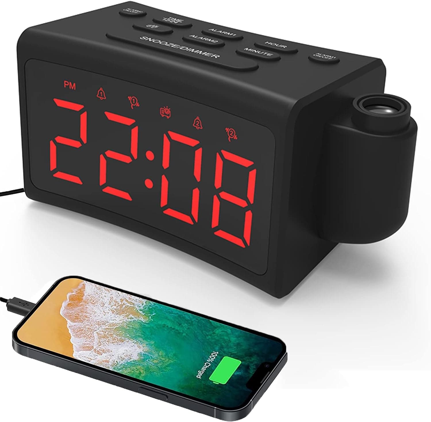 GING YHAU Projection Alarm Clock for Bedroom,LED Digital Radio Clock Projection on Ceiling Wall with USB Phone Charging,Battery Backup,180°Projector& Dimmer,12/24H,Snooze,Bedside Clock