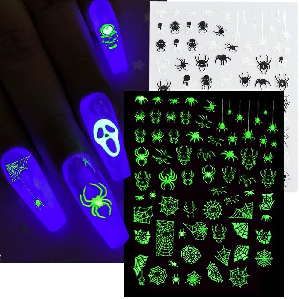 TOFDHalloween Nail Art Stickers 3D Luminous Nail Sticker Self Adhesive Nail Stickers Nail Art Supplies Halloween Acrylic Nails Designs Spider Skull Pumpkin Nail Decals for Women Nail Art Decorations
