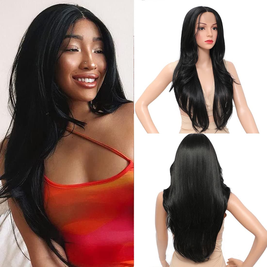 Synthetic Middle Part Lace Wigs for Women 150% Density Long Black Wavy Wig Halloween Cosplay Wig with Fake Scalp Natural Wave Lace Front Wig Heat Resistant Fiber Wigs Hair Replacement Fine Plus 26 Inch