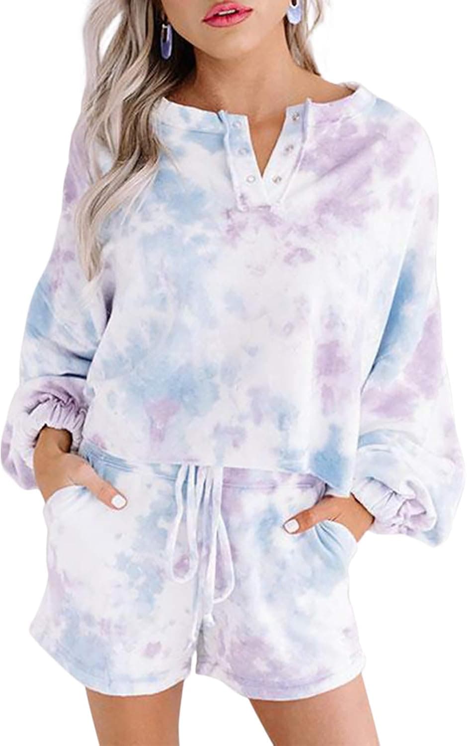 BLENCOT Women's Tie Dye Pajamas Set Long Puff Sleeve Shirts and Shorts PJ Set Button Down Nightwear Lounge Sleepwear