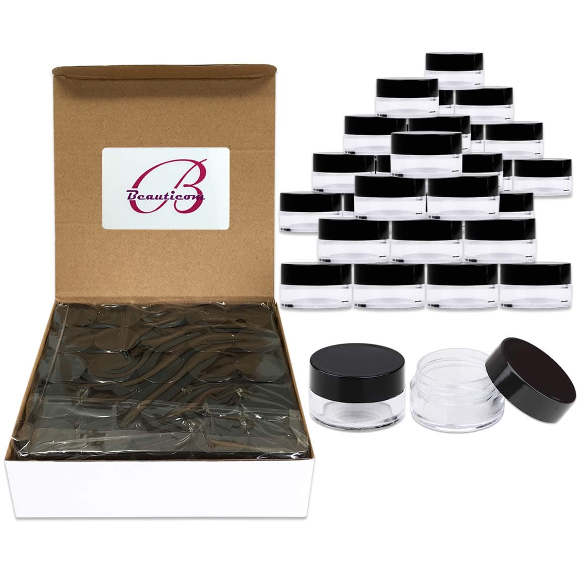 100 Jars - Beauticom High-Graded 5 Grams/5 mL BPA Free Thick Clear Acrylic 100% NO LEAK Plastic Jars empty Container Black Lid for Cosmetic, Lip Balm, Beads, Creams, Lotion, Liquids, Sample, Travel