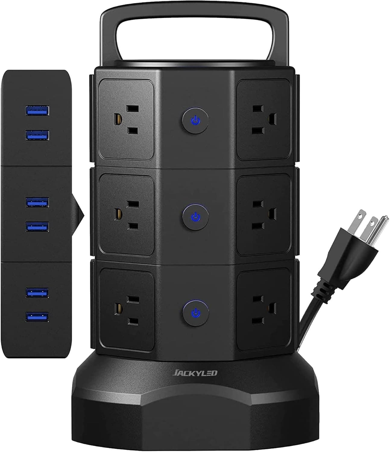 Power Strip Tower Surge Protector, JACKYLED 1625W 13A Outlet Surge Electric Tower, 12 Outlets 6 USB Ports Charging Station with 16AWG 6.5ft Heavy Duty Extension Cord for Home Office Dorm Black