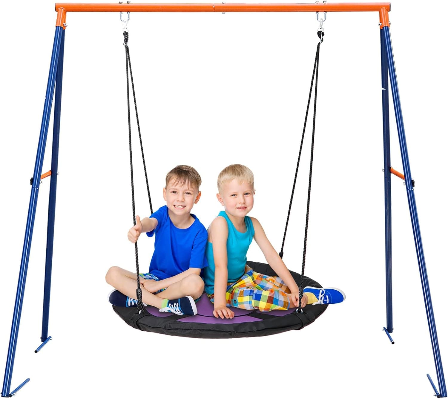 SUPER DEAL 40" Kids Web Tree Swing Saucer Swing Set Combo - 40'' Purple Web Tree Swing + Heavy Duty A-Frame Metal Swing Set, Resilient and Resistant to All Types of Weather