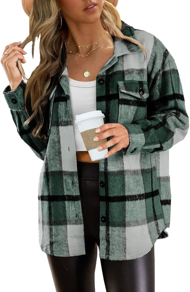 AUTOMET Womens Casual Plaid Shacket Button Down Long Sleeve Shirt
