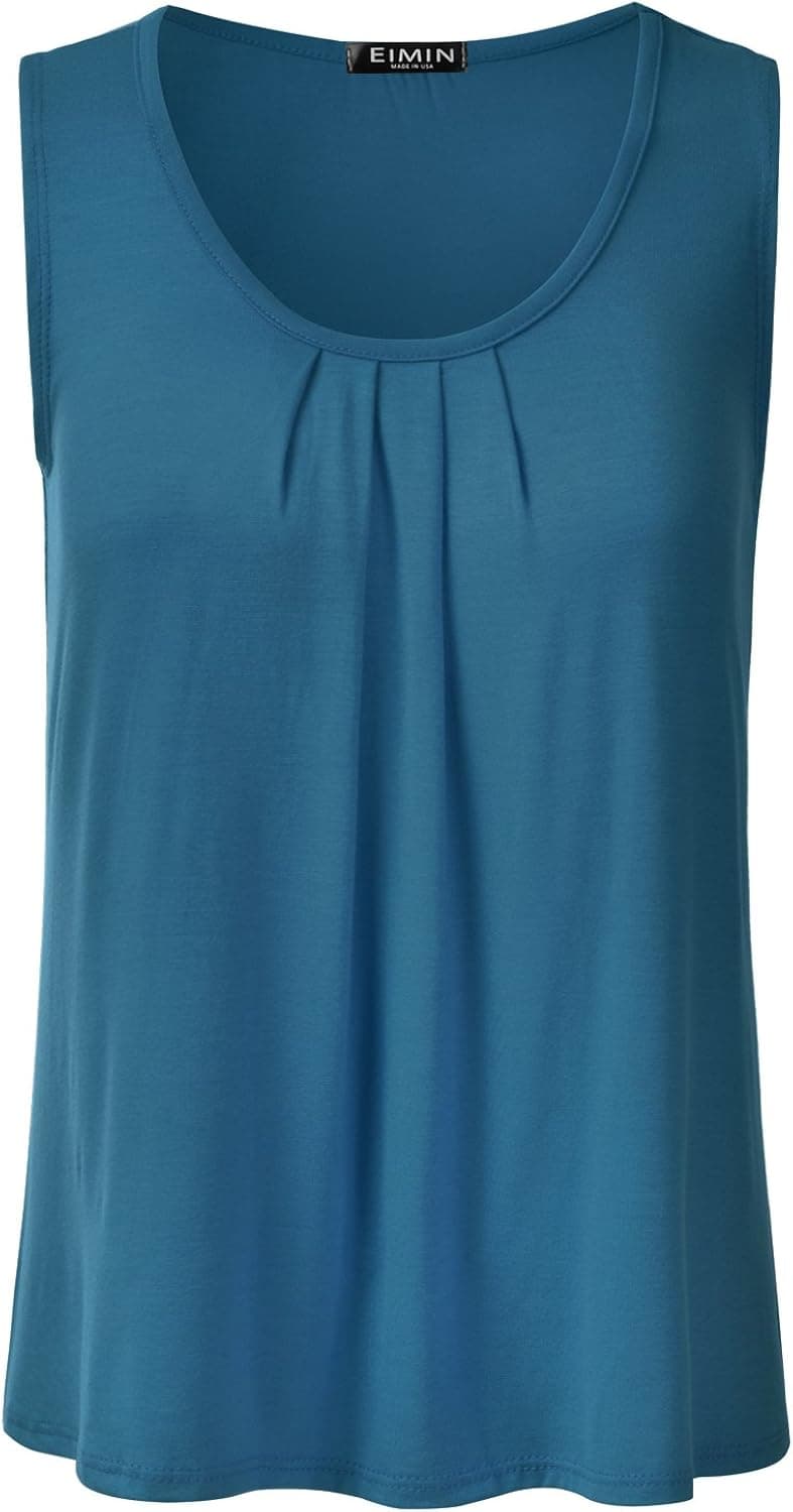 EIMIN Women's Pleated Scoop Neck Sleeveless Stretch Basic Soft Tank Top (S-3X)