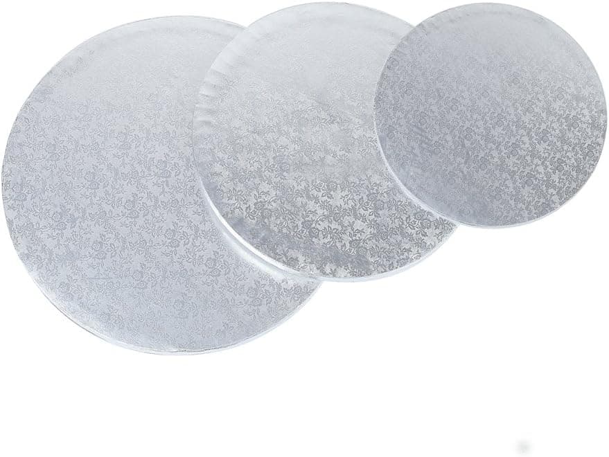 Crystallove 3pcs Round Sliver Cardboard Cake Drum Set 1/2" Thickness Circle Cake Base for Presenting Decorated Cakes (Mixed Size 8/10/12")