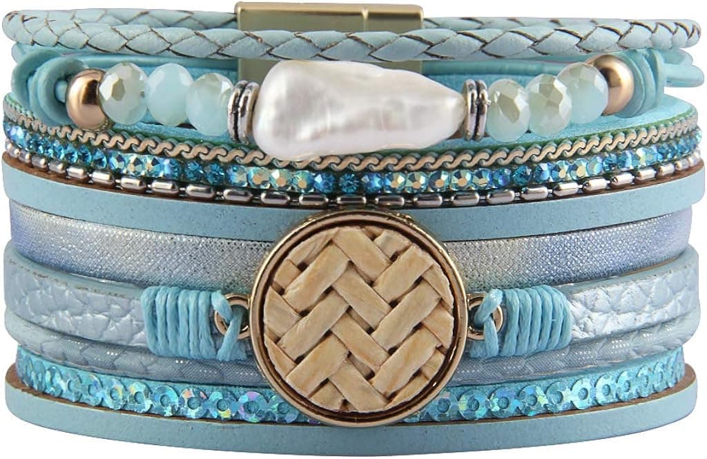 GelConnie Baroque Pearl Leather Wrap Around Bracelet Multi Strand Boho Bracelets Magnetic Cuff Bracelets Bohemian Jewelry for Women, Daughter, Sister LPB309-Blue