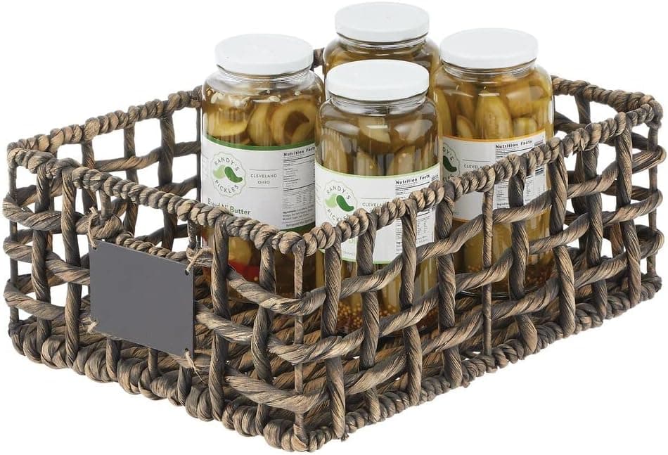 mDesign Hyacinth Open Weave Kitchen Cabinet Pantry Basket with Built-in Chalkboard Label for Organizing Kitchen Pantry, Cabinet, Cupboard, Shelves - Holds Food, Drinks, Snacks, Black Wash