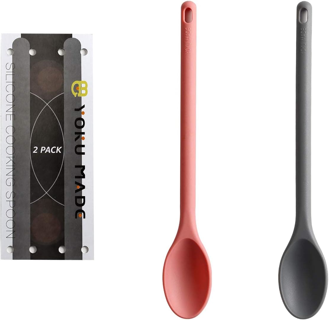 Yoku Made - 12 Inches Silicone Mixing Spoon Set, Nonstick Heat Resistant Stiff Cooking Spoon, Extra Long Seamless Kitchen Spoon for Baking Mixing Stirring or Serving