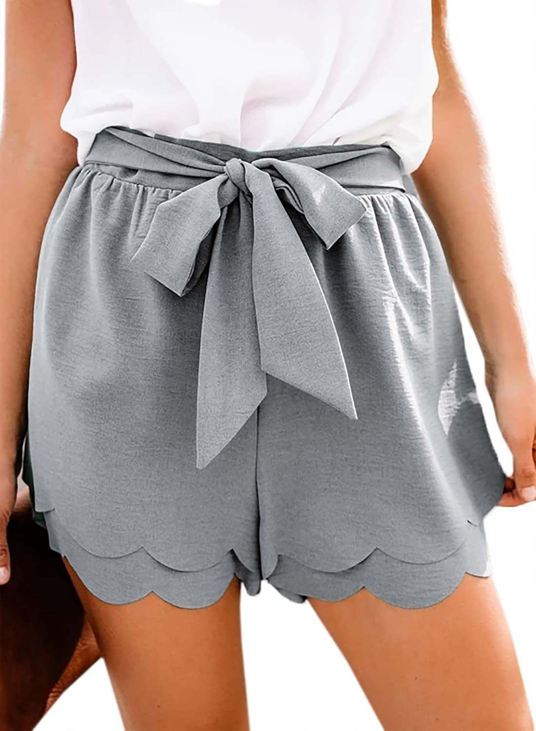 Eytino Women Bowknot Tie Waist Scalloped Summer Casual Beach Shorts,Medium Gray