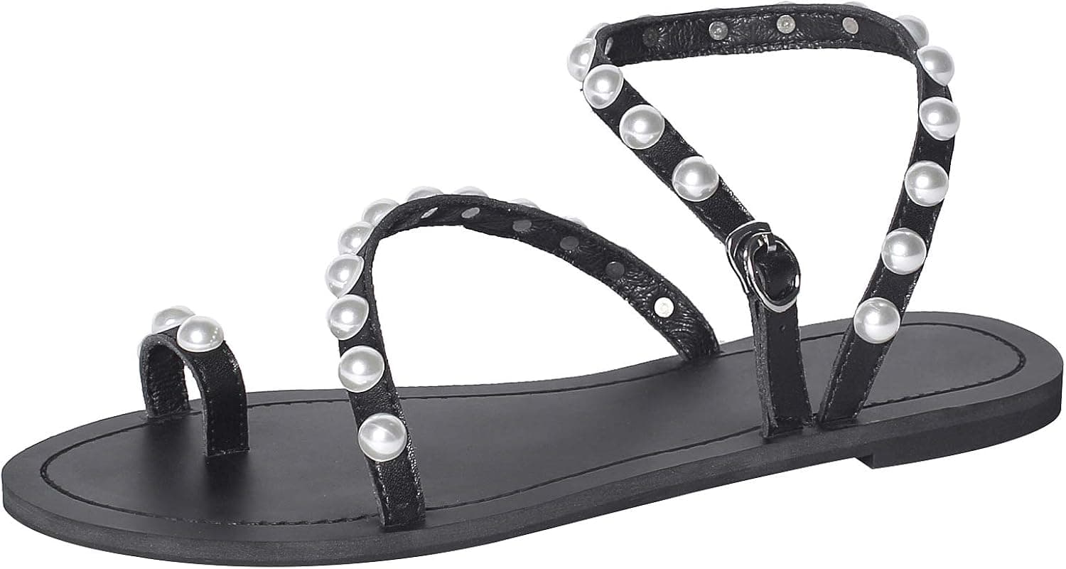 ANUFER Women's Bohemia Pearls Toe Ring Sandals/Slippers Summer Flat Flip Flops Beach Shoes