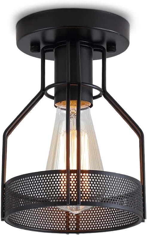 Create for Life® Industrial Vintage Rustic Flush Mount Ceiling Light, Metal Cage Light Fixture for Hallway Stairway Kitchen Garage, E26, Black Painting Finish