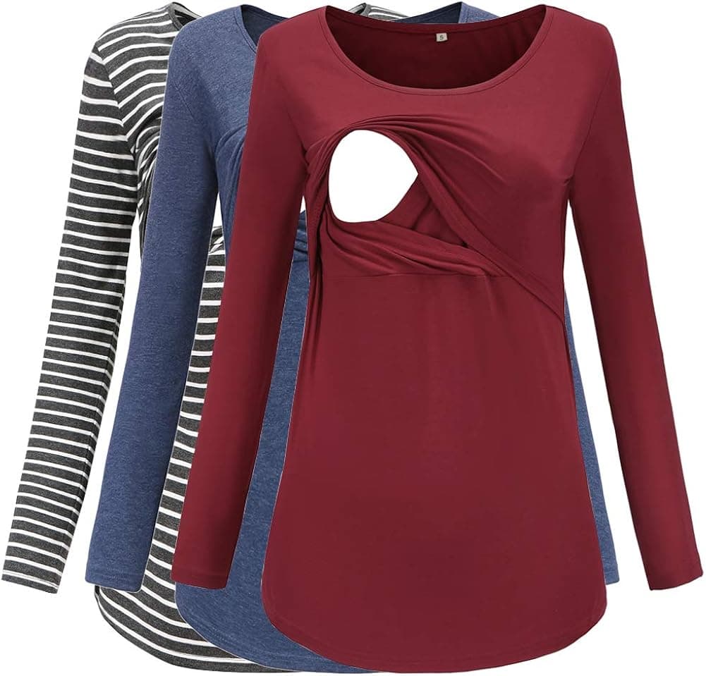 Jezero Women's 3 Pack Maternity Nursing Tops Short&Long Sleeve Round Neck Breastfeeding Tunic Shirts