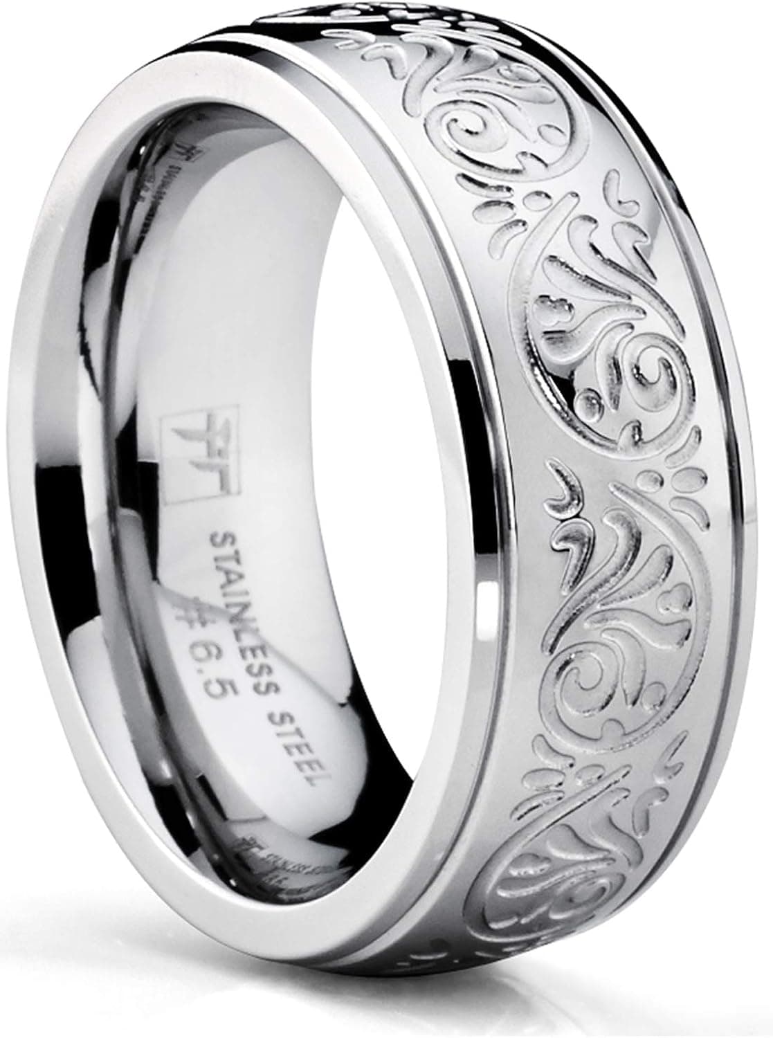 Bonndorf 7MM Stainless Steel Ring with Engraved Florentine Design Sizes 4 to 13