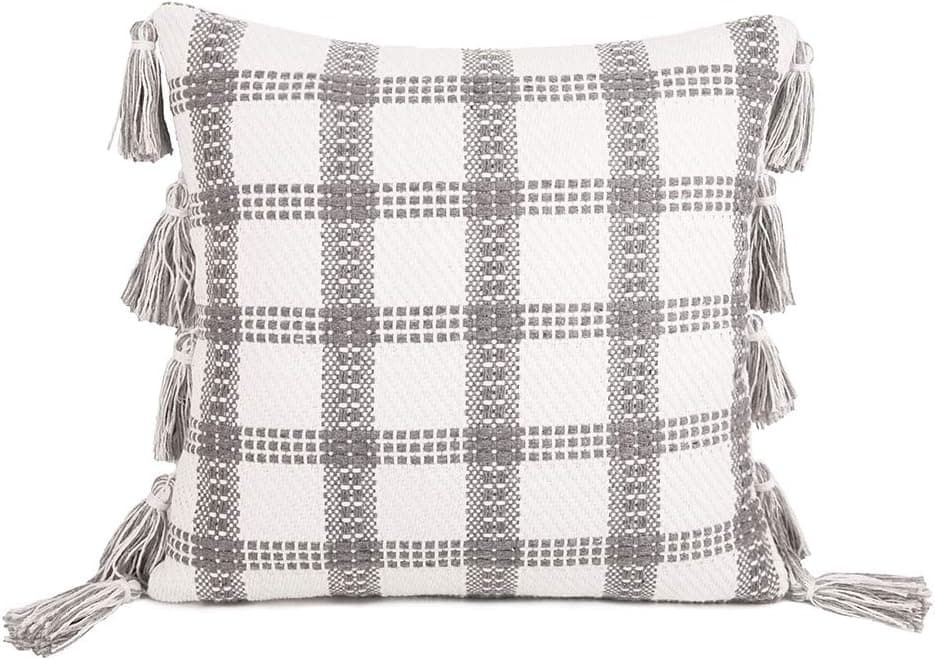 cygnus Buffalo Check Throw Pillow Covers 18x18 Inch Woven Plaid Cushion Cover with Tassels Decorative Boho Farmhouse Accent Pillowcase for Couch Sofa Bedroom Gray and Cream