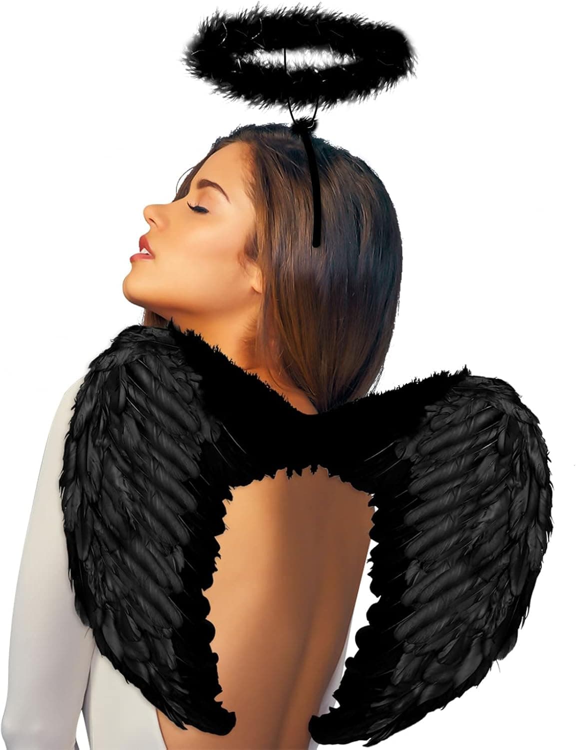 YoleShy Halloween Black Angel Wings and Halo Headband Black Wings Costume Adult Women Premium Feather Devil Wings for Kids Girls
